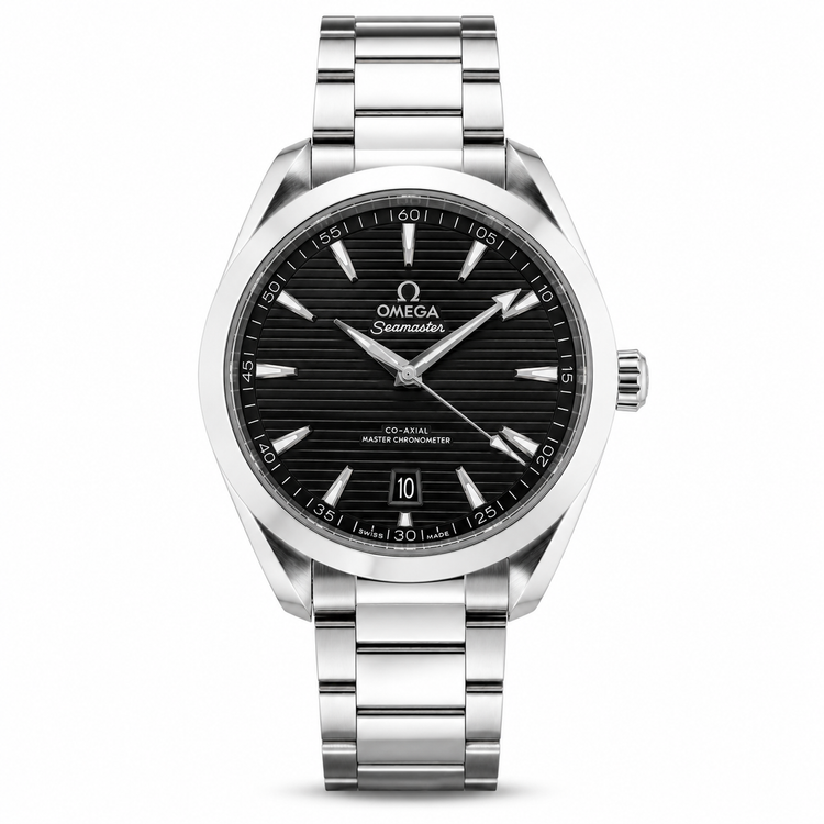 Relógio Omega Seamaster Aqua Terra em aço, mostrador preto e pulseira metálica
