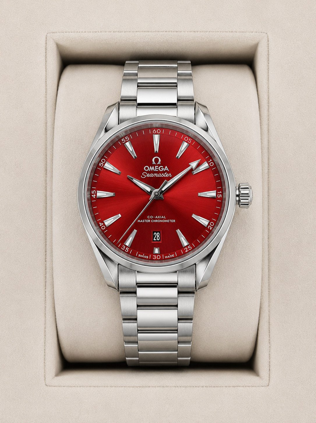 Relógio Omega Seamaster com mostrador vermelho e pulseira de aço inox