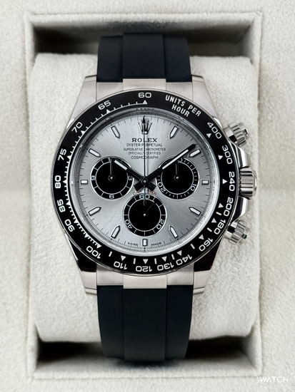 Relógio automático Daytona com mostrador prata e pulseira de borracha preta