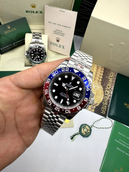 Relógio GMT Master II Pepsi automático em pulseira de aço com mostrador preto