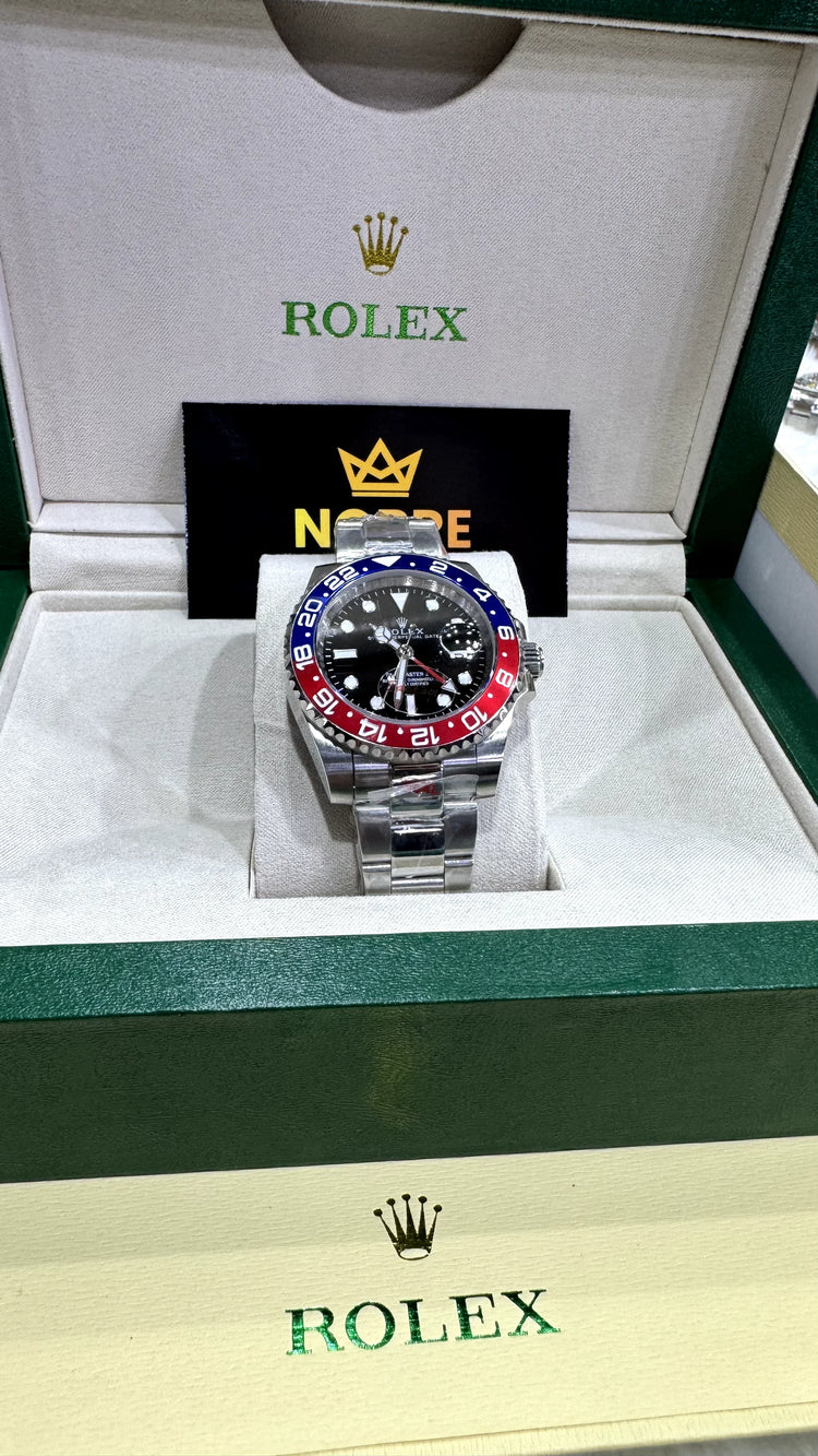 Relógio Rolex com mostrador preto e bezel Pepsi azul/vermelho, pulseira de aço