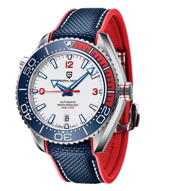 Relógio automático com mostrador branco e pulseira de tecido azul-marinho com detalhes vermelhos