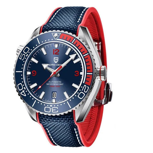 Relógio automático azul com pulseira de tecido azul e mostrador azul com marcações vermelhas