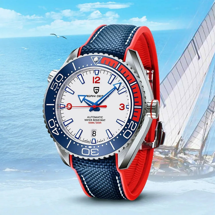Relógio automático com mostrador branco e pulseira de tecido azul-marinho com borda vermelha