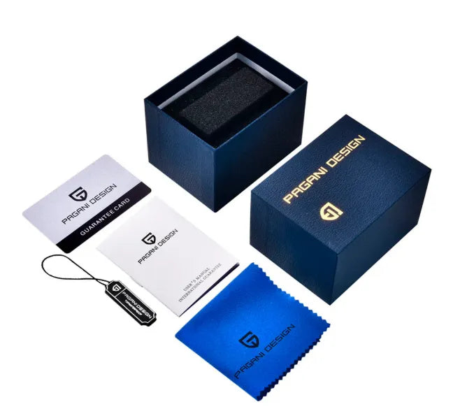 Kit do relógio: caixa azul e cartões com etiquetas de marca