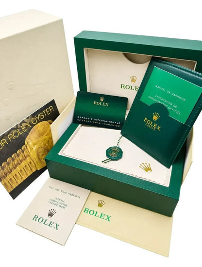 Kit de acessórios Rolex em caixa verde e documentos, com cartão e saquinho