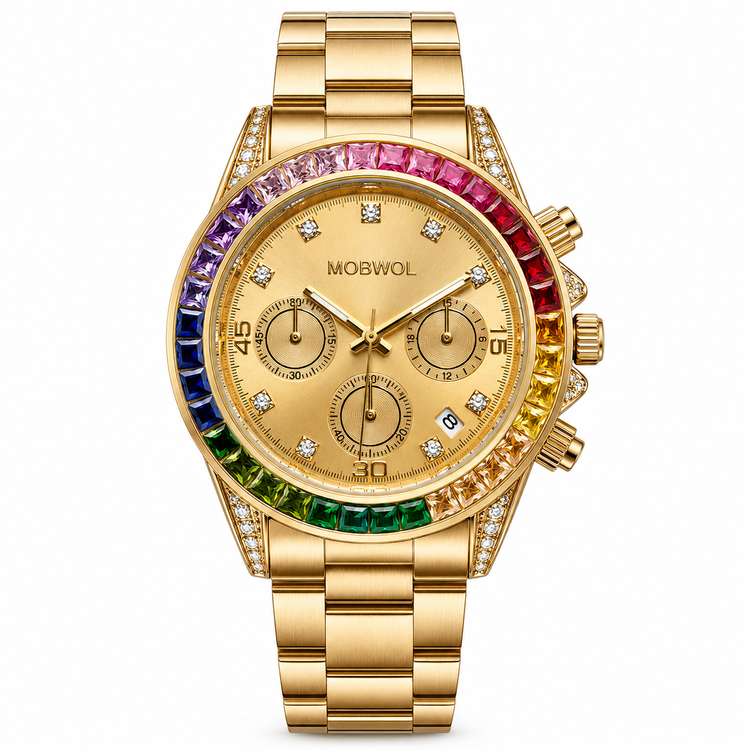 Relógio Movara® ArcoÍris dourado com mostrador bege, três submostradores e aro multicolor